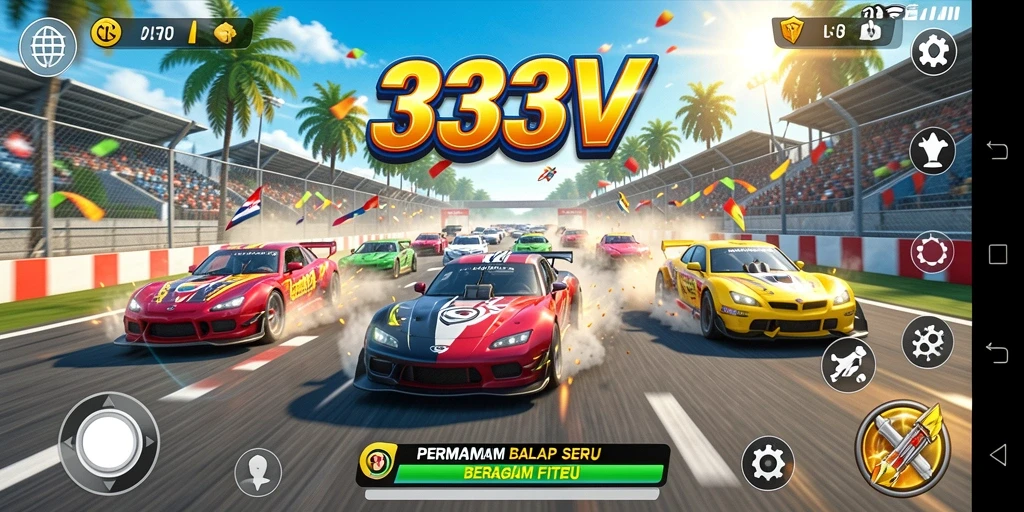 Screenshot utama menunjukkan aksi balap seru di <strong>333V</strong>.