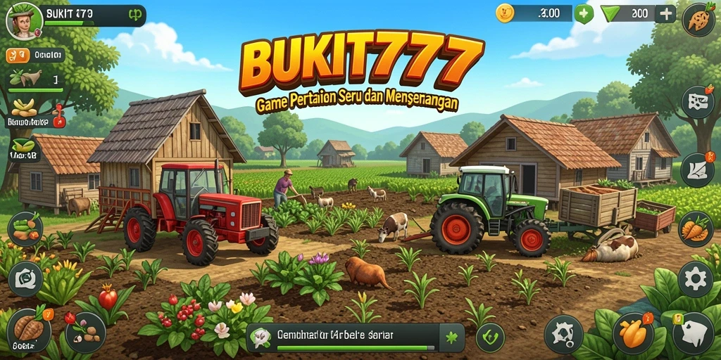 Screenshot gameplay BUKIT777 menampilkan lahan pertanian yang subur dan tanaman yang berkembang.
