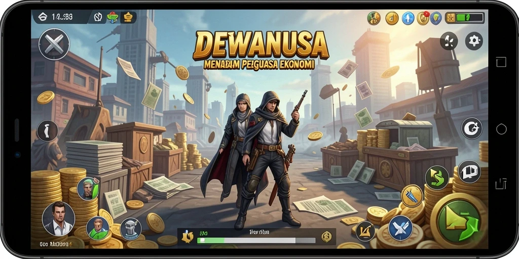 Screenshot gameplay DEWANUSA dengan tampilan membangun kerajaan ekonomi.