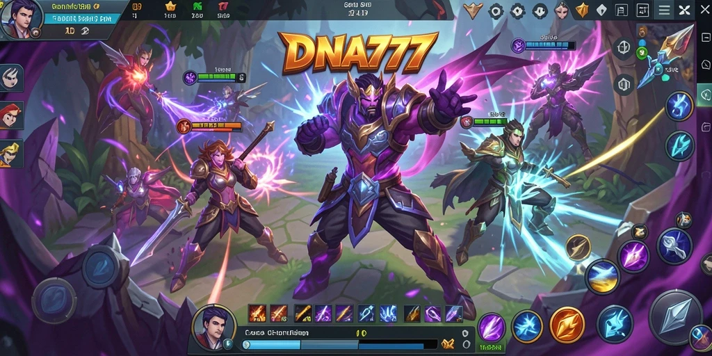 Tampilan gameplay DNA777 dengan pertarungan intens dan hero yang kuat.