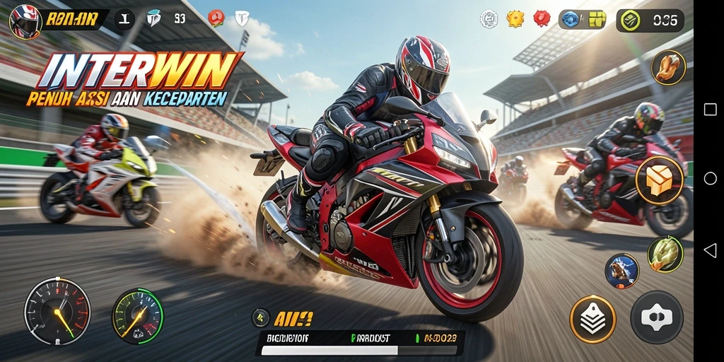 Gameplay mendebarkan dari INTERWIN dengan aksi balap motor yang seru.