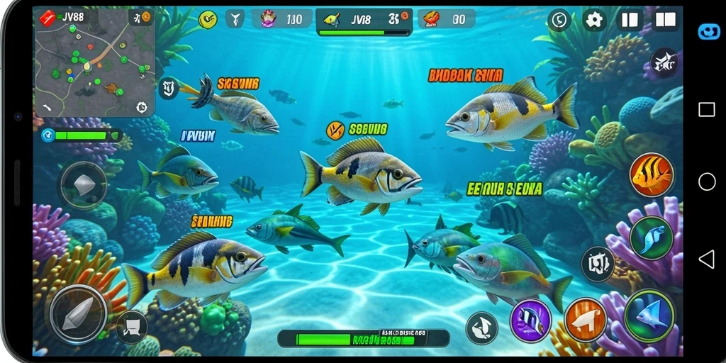 Tampilan gameplay seru dari JV88 dengan berbagai ikan yang menunggu untuk ditangkap.