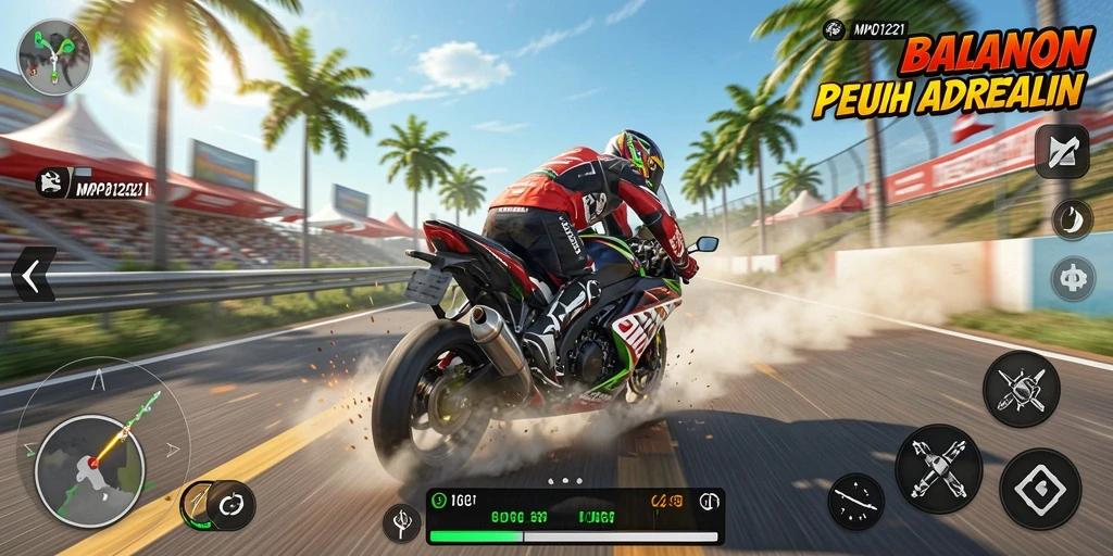 Screenshot utama MPO1221 menampilkan aksi balapan motor yang mendebarkan.