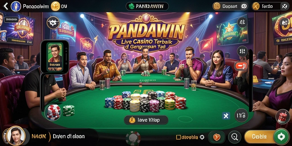 Screenshot gameplay PANDAWIN yang menampilkan dealer profesional dan pemain yang berinteraksi.