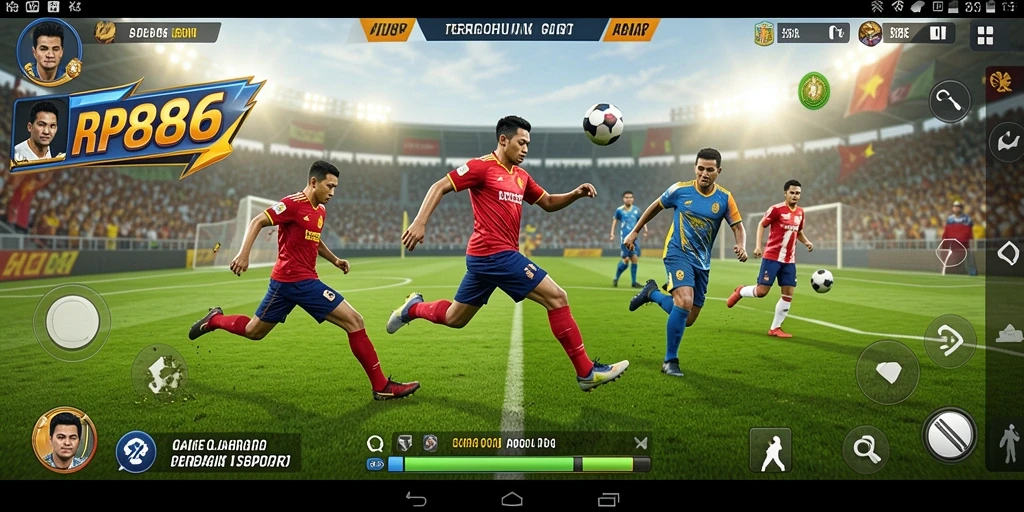 Screenshot menunjukkan gameplay seru di <strong>RP886</strong>, menampilkan aksi olahraga yang mendebarkan.