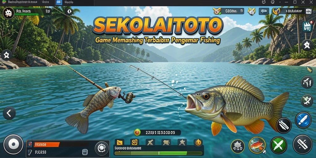 Screenshot SEKOLAHTOTO menampilkan aksi memancing yang seru dan lingkungan yang indah.