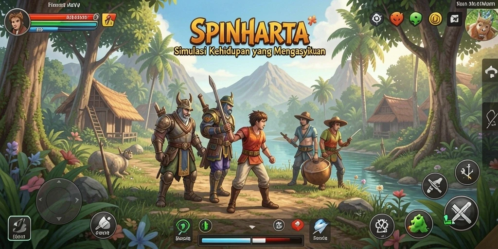 Screenshot gameplay SPINHARTA dengan interaksi karakter menarik.
