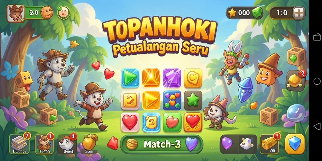 Screenshot utama <strong>TOPANHOKI</strong> menampilkan momen seru saat mencocokkan bola warna-warni.